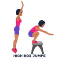 High box jumps. Sport exersice. Silhouettes of woman doing exercise. Workout, training