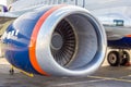 High-bypass turbofan aircraft engine, installed on modern passenger jet aircraft Royalty Free Stock Photo