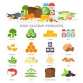 High calcium food infographic elements flat vector illustration, banner. The products with calcium icon set, vegetables