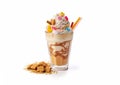 High calories sweet kids milkshake with candies and sweets on white.Macro.AI Generative