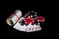 High card cards combination and dollars and chips. Winning combination at a poker club or casino