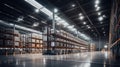 High-ceilinged modern logistics warehouse interior with neatly stacked polished steel storage racks Royalty Free Stock Photo