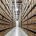High-ceilinged warehouse with metal racks lining both sides, filled with uniformly Royalty Free Stock Photo