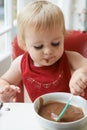 High chair meal, spoon and baby eating in a house with diet, nutrition and child, wellness or development. Food, messy Royalty Free Stock Photo