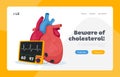High Cholesterol Blood Pressure Landing Page Template. Heart with Digital Panel Show Pulse. Cardiology Medicine