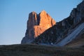 High cliffs during sunset. Dolomite Alps, Italy. Mountains and clear skies. View of mountains and cliffs. Natural mountain scenery Royalty Free Stock Photo
