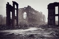 High collapsed walls of destroyed industrial buildings and destroyed structures.