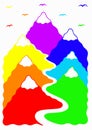 Seven colored birds fly over seven colored mountains where a white river flows Royalty Free Stock Photo