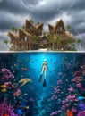 Surreal Split View of Luxury Bamboo Eco-Resort Above Tropical Island and Swimmer in Vibrant Coral Reef During Rainstorm Royalty Free Stock Photo