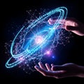 Photorealistic conceptual shot of human hands, depicted in dark silhouette, gently connecting with a swirling cosmic nebula made o Royalty Free Stock Photo