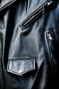 High contrast black leather biker jacket detail