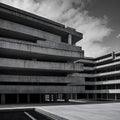 High-Contrast Black and White Brutalist Architecture Featuring Raw Concrete Facade Royalty Free Stock Photo