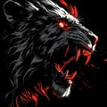 High contrast black and white image of fierce lion head, showcasing sharp teeth and intense red accents. dramatic expression Royalty Free Stock Photo