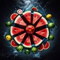 high contrast image of watermelon slices, ripe, red against a deep, mysterious dark backgroun