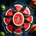 high contrast image of watermelon slices, ripe, red against a deep, mysterious dark backgroun