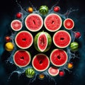high contrast image of watermelon slices, ripe, red against a deep, mysterious dark backgroun