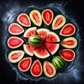 high contrast image of watermelon slices, ripe, red against a deep, mysterious dark backgroun