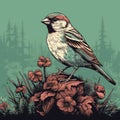 High-contrast Realism: House Sparrow Standing On Moss In Norwegian Nature