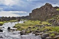 High contrast scenery made of mountain creek between dark hills in Thingvellir National Park