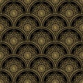 High contrasting seamless background tile with filigree golden ornament on black canvas. Vintage fabric style in damask design.