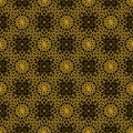 High contrasting seamless background tile with filigree golden ornament on black canvas. Vintage fabric style in damask design.