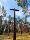 High crosses among the trees at Polish military cemetery. Memorial to the Second World War