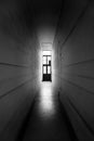 High dark spooky corridor with light at the end and high doors Royalty Free Stock Photo