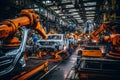 High def image ai controlled robotic assembly line from engineer s view in bright plant
