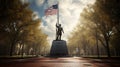 A serene war memorial with a flag at half-mast Royalty Free Stock Photo