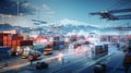 A high-definition image capturing a bustling logistics hub where trucks, cargo ships, and airplanes come together, symbolizing the Royalty Free Stock Photo