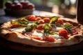 a fresh Margherita Pizza on a rustic table, with a vineyard in golden sunset light.