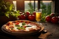 a fresh Margherita Pizza on a rustic table, with a vineyard in golden sunset light.