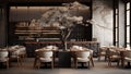 An empty retail storefront with black white and grey aesthetic, wooden luxury chairs and tables