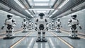 Synchronized Robot Brigade in Sleek Futuristic Corridor Royalty Free Stock Photo