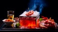 High definition picture, teppanyaki fine dining restaurant box, kobe beef, lobster. Generative AI Royalty Free Stock Photo