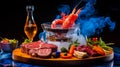High definition picture, teppanyaki fine dining restaurant box, kobe beef, lobster. Generative AI Royalty Free Stock Photo