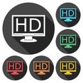 High definition television symbol, HDTV icons set with long shadow Royalty Free Stock Photo