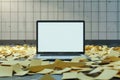 High Definition View of Laptop with Blank White Screen Surrounded by Yellow Adhesive Notes Royalty Free Stock Photo