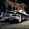 Cadillac Deville Classic Car Painting Noir Comic Art With Black And White Colors