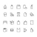 High density polyethylene flat line icons. HDPE products jerry can, plastic canister pipe, milk jug, garbage container Royalty Free Stock Photo