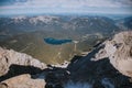 Breath taking Eibsee lake landscape on top Zugspitze; Wetterstein mountains, Experienced peoples hiking advenure in Alpen Royalty Free Stock Photo