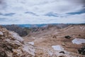 Snow in the early Fall on top Zugspitze; Wetterstein mountain, Experienced peoples hiking advenure under beautiful sky of Alpen Royalty Free Stock Photo