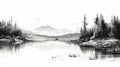 High Detail Black And White Forest Landscape Drawing With Birds At The Lake Royalty Free Stock Photo