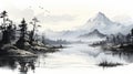 High Detail Black And White Lake Scene Illustration Royalty Free Stock Photo