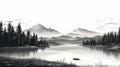 High Detail Black And White Mountain Lake Scene Illustration Royalty Free Stock Photo