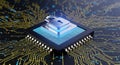 High detail central processing unit chip with glowing blue lock symbol representing cybersecurity and data protection technology Royalty Free Stock Photo
