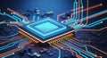 High detail central processing unit chip with glowing circuit lines on futuristic technology board design Royalty Free Stock Photo