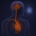 AI powered human brain and circulatory system 3D render showing neural and vascular networks