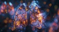 Futuristic 3D hologram of human lungs with sparkling particles against a dark background with bokeh lights