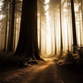 giant redwoods in a misty forest, with towering trees and lush vegetation, peaceful, serene